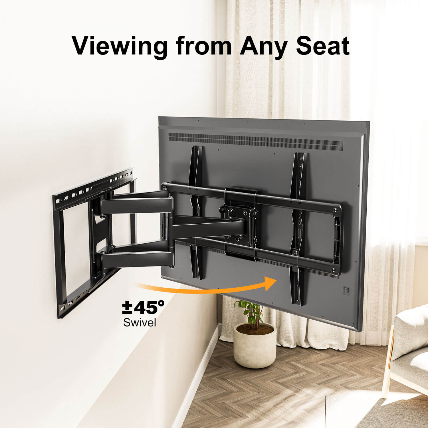 swivel TV mount swivels the TV 45° left or right