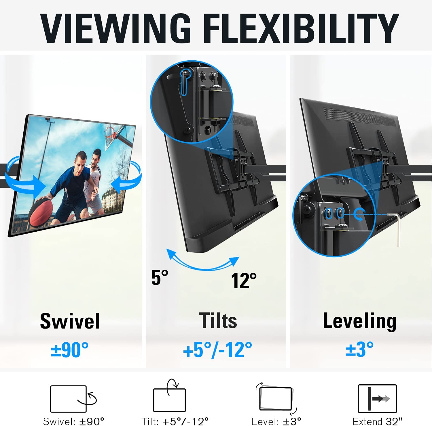 full motion TV wall mount with swivel, tilt, and leveling adjustment