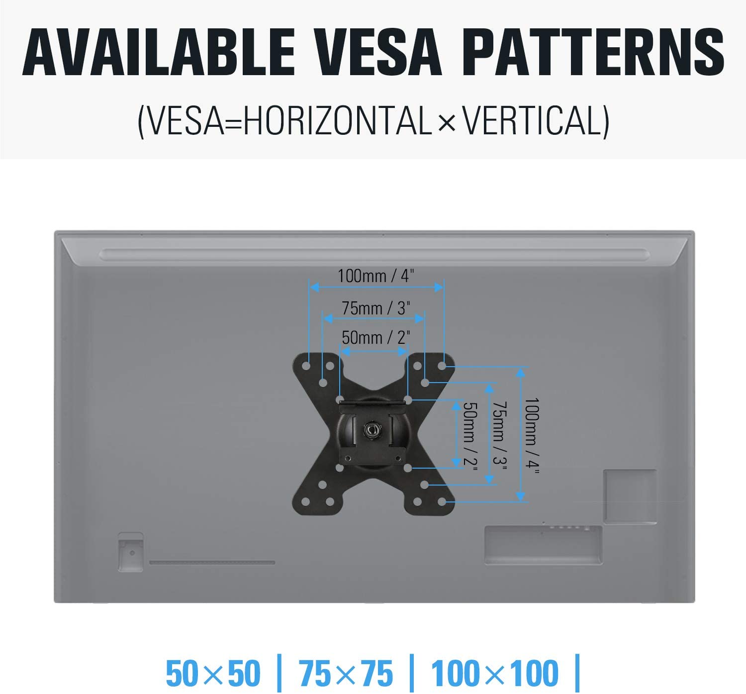 works with VESA from 50×50 to 100×100 mm