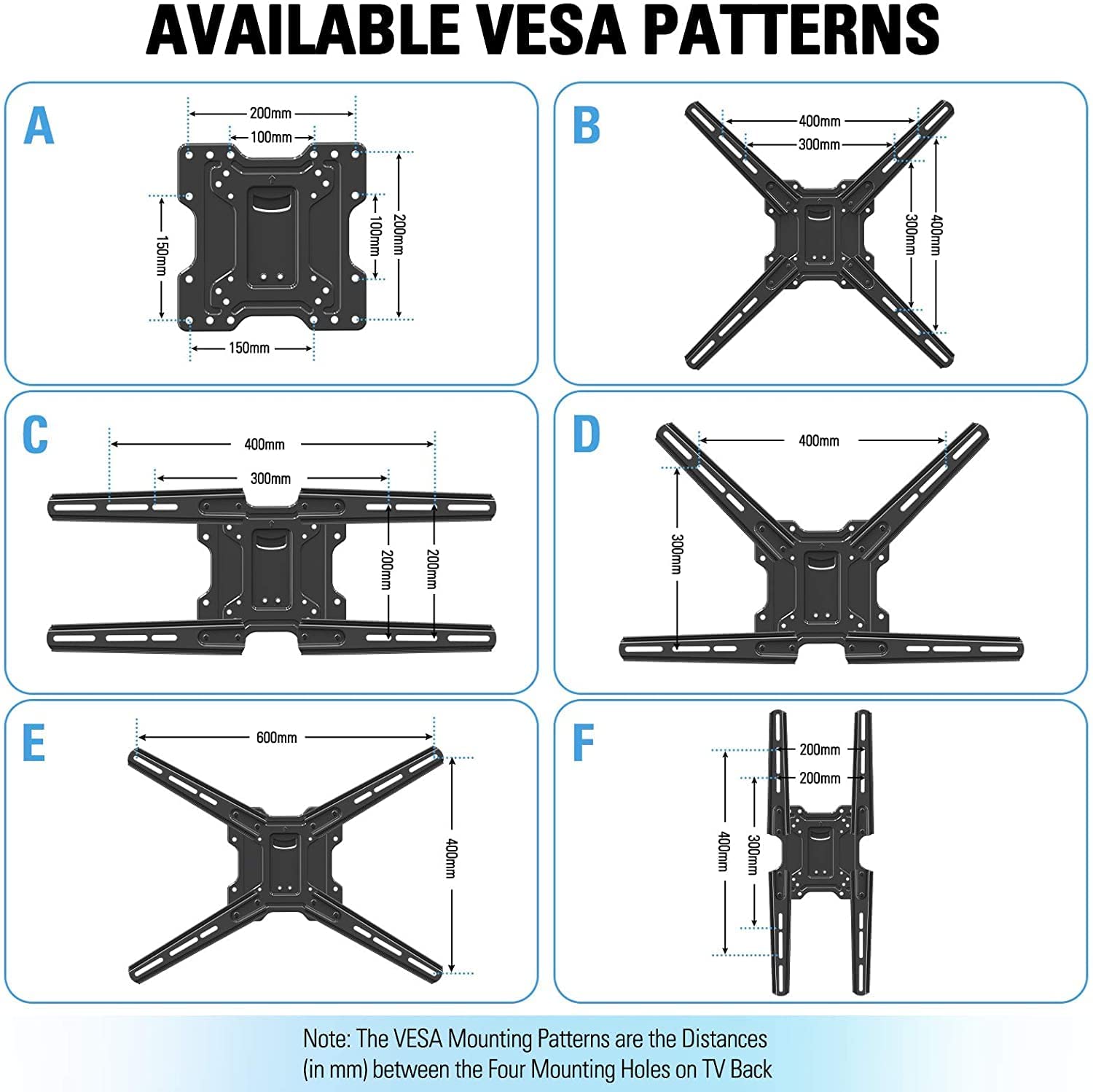 compatible with VESA from 100×100 mm to 600×400 mm