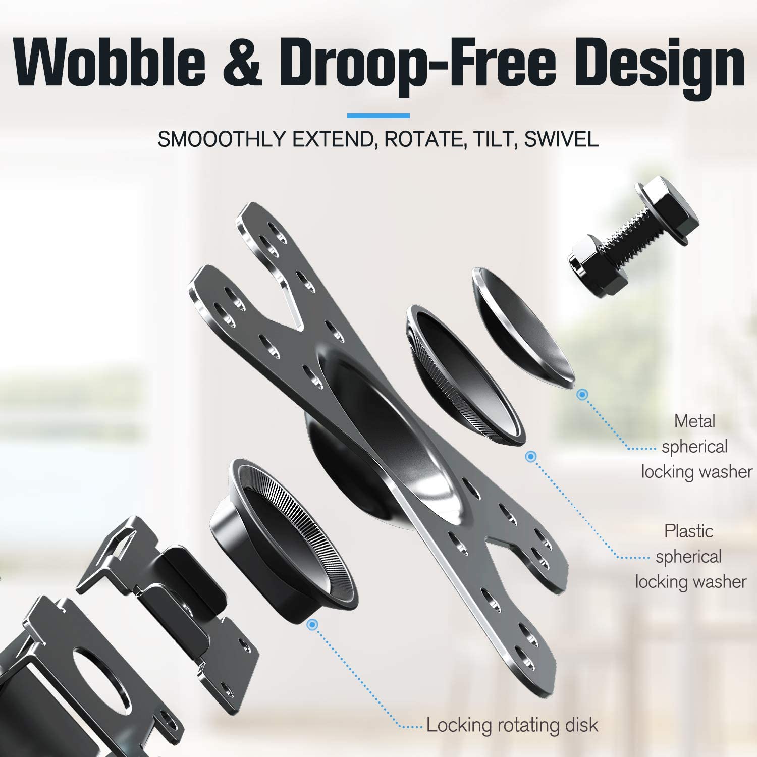 droop-free design allows the TV to smoothly extend, rotate, tilt, and swivel