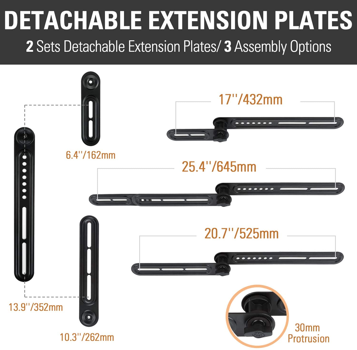 detachable extension plates for soundbars in different sizes