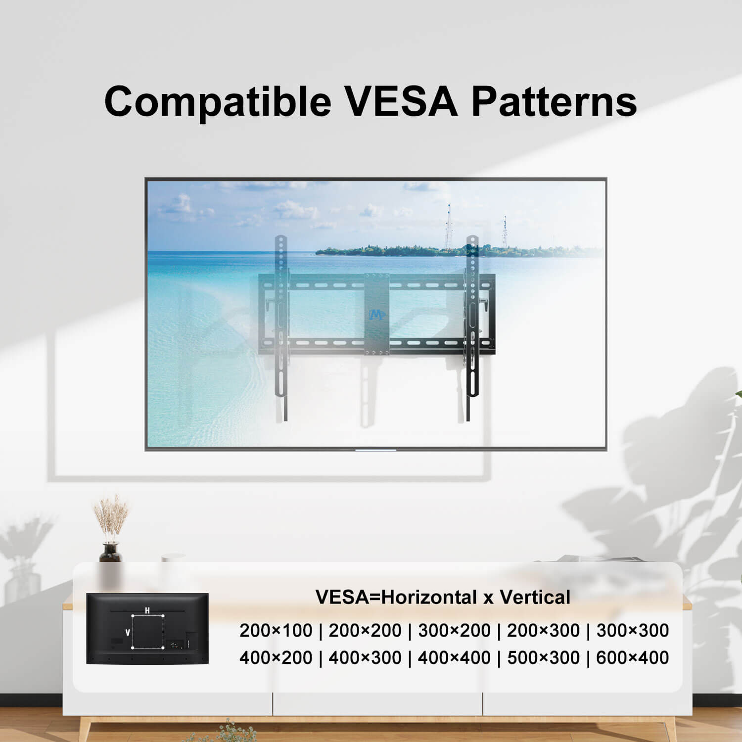 large TV mount works with VESA from 200×100 mm to 600×400 mm