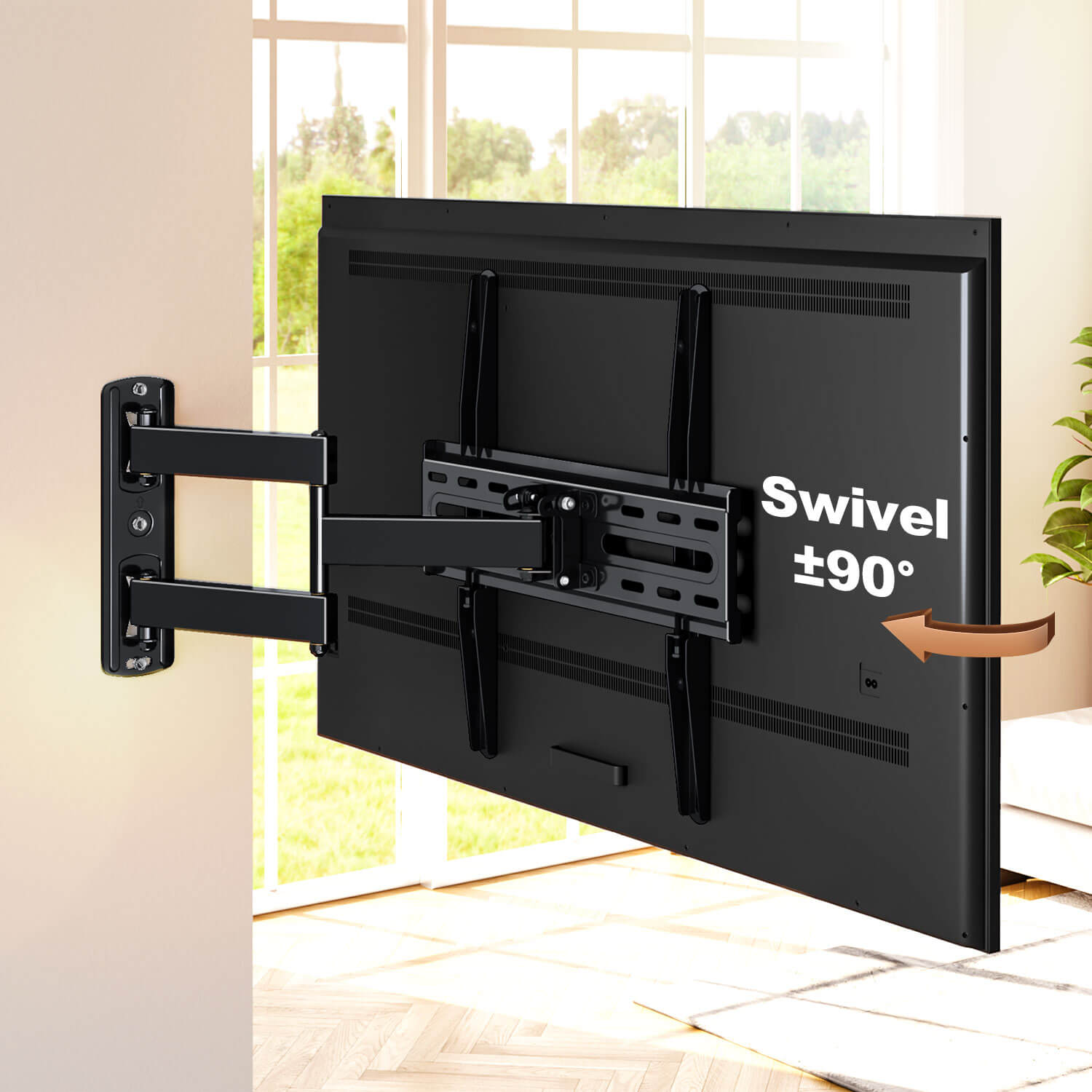 swivel TV mount adjusts the TV 90° left or right for flexible viewing