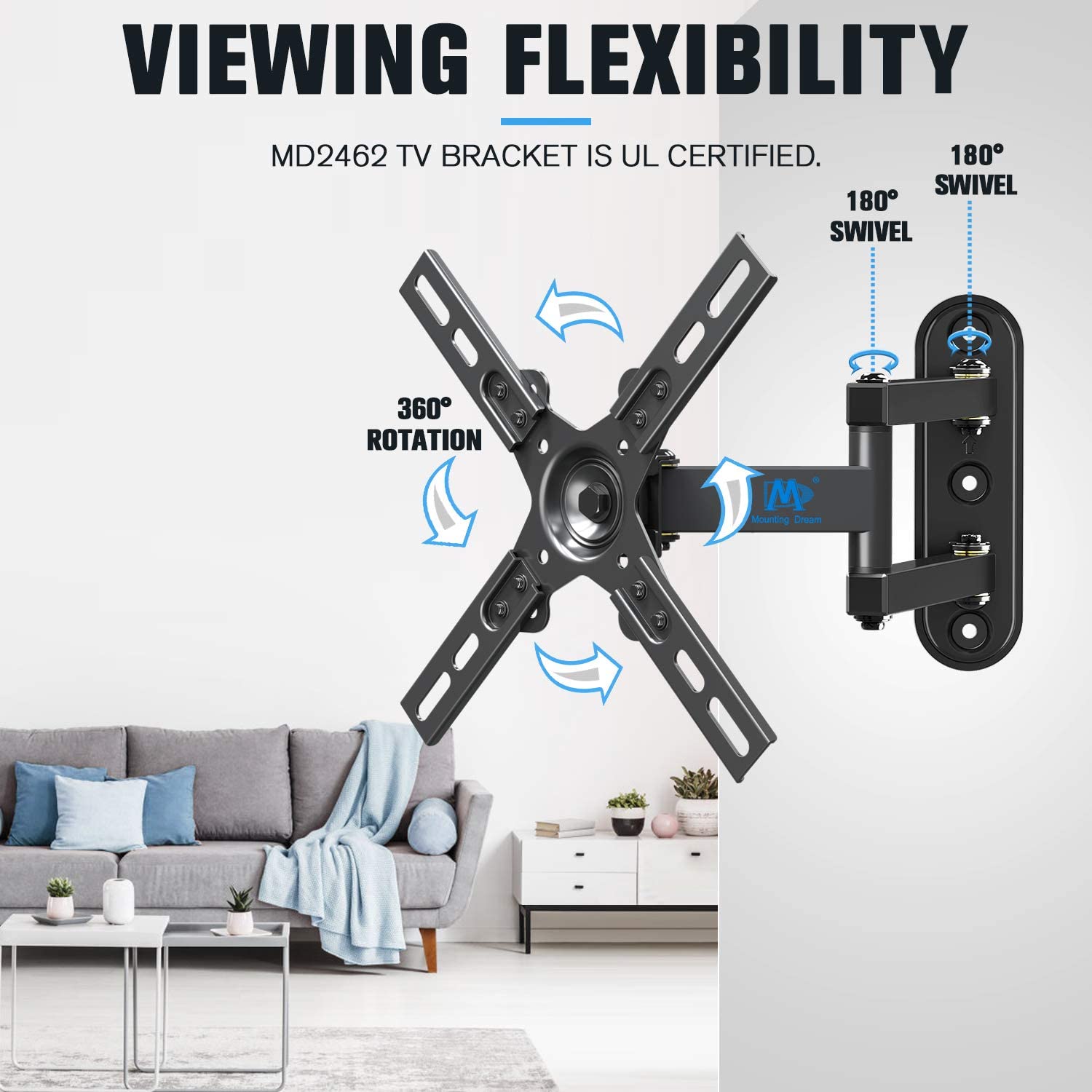 ul certificated tv mount with 360° rotation and 180° swivel to have a comfortable and flexible view 