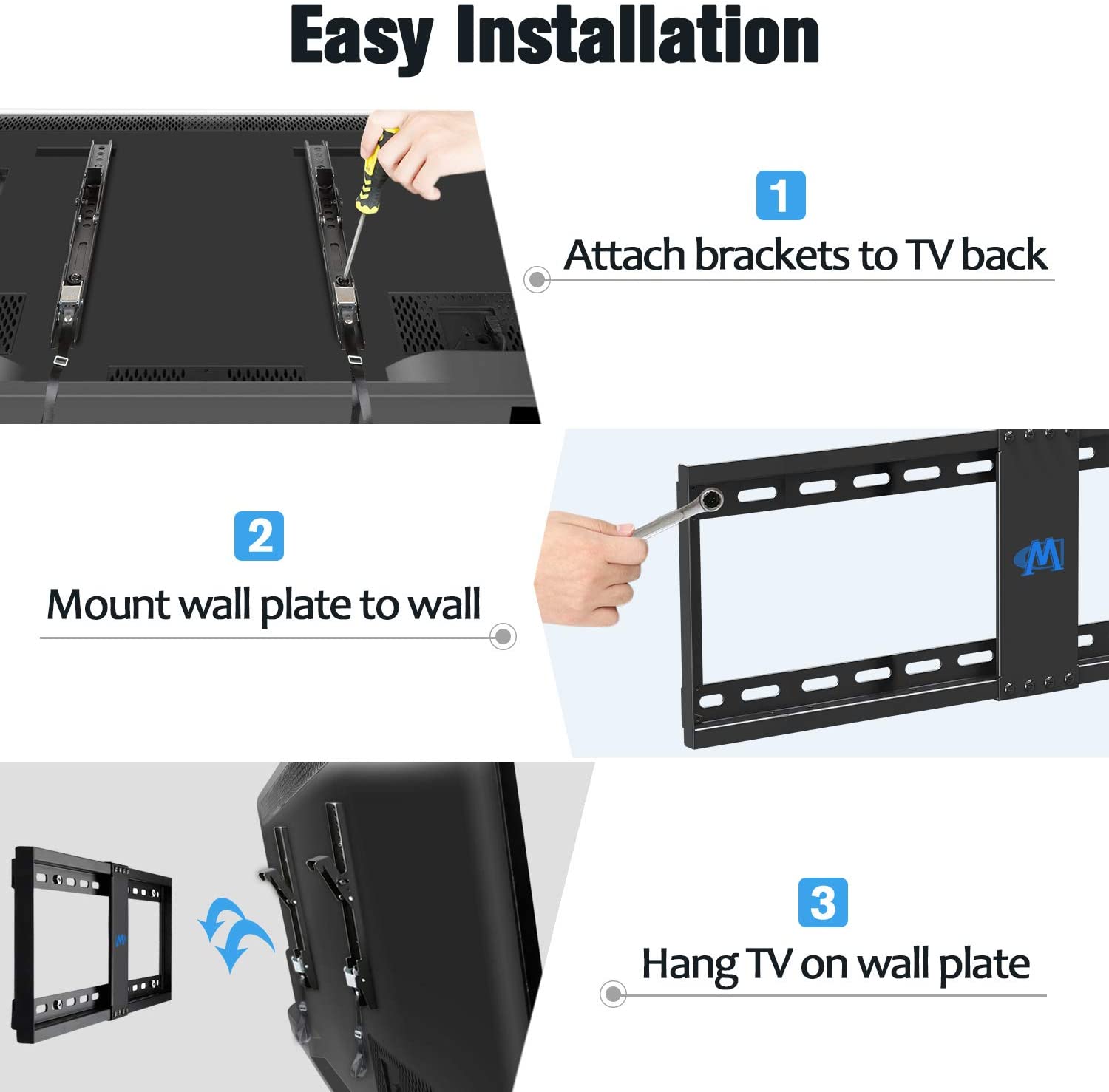 it takes 3 steps to install the tilting TV mount